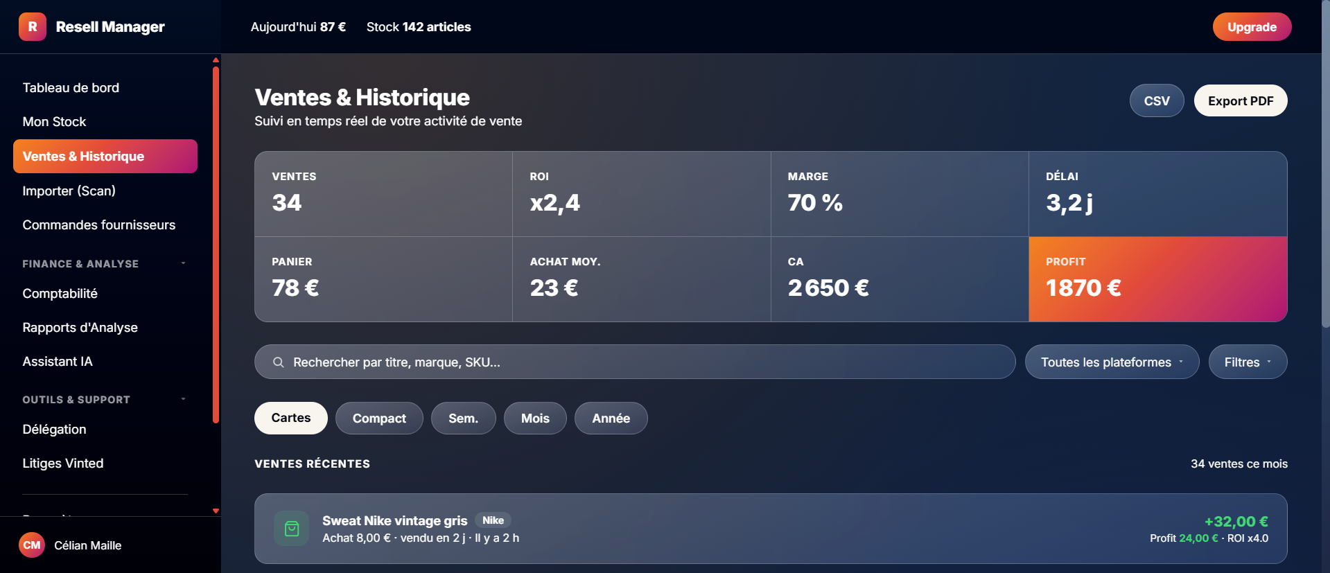 Ventes & historique — Resell Manager