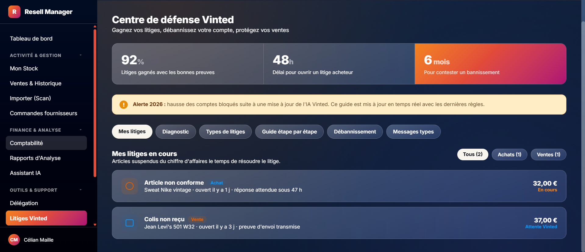 Centre de défense Vinted — Resell Manager
